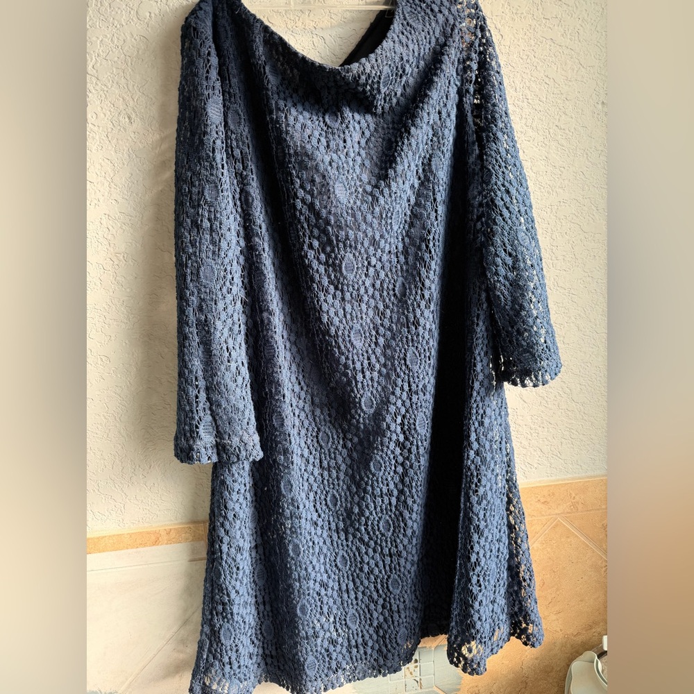 Sharagano Navy Lace Overlay Dress